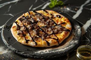 Gourmet Pizza with Truffle Oil Drizzle on  Marble Table photo