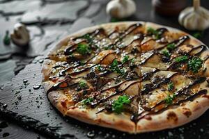 Gourmet Pizza with Truffle Oil on White Marble Table Fine Dining Presentation photo