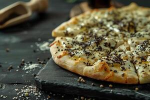 HighEnd Gourmet Pizza with Truffle Oil on   Marble Table Background photo
