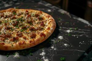 HighEnd Gourmet Pizza with Truffle Oil Drizzle on  Marble Table Background photo