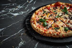 Gourmet Pizza with Truffle Oil Drizzle on  Marble Table Background photo