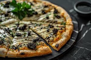 Exclusive Gourmet Pizza with Truffle Oil Drizzle on  Marble Table Background photo