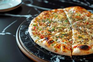 HighEnd Gourmet Pizza with Truffle Oil Drizzle on  Marble Table Background photo