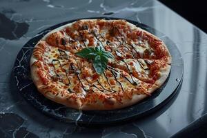 Upscale Gourmet Pizza with Truffle Oil Drizzle on  Marble Table Background photo