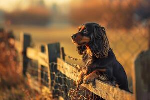 Dog Sitting by Wooden Fence in Peaceful Green Countryside Pasture photo