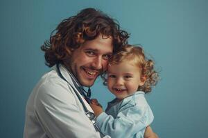 Pediatrician with Stethoscope and Smiling Child in  Background photo