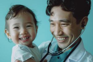 Pediatrician with Stethoscope and  Child in Cheerful photo