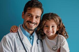 Pediatrician with Stethoscope and Smiling Child in Light Background photo