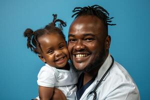 Pediatrician with Stethoscope and Content Child in  Background photo