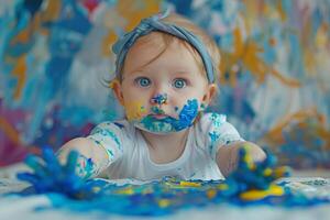 Baby engaging in  finger painting joyfully exploring textures and s in a messy artistic session background photo
