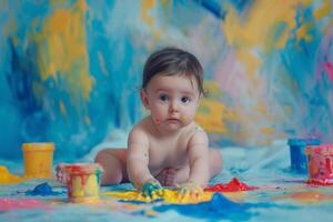 Baby creating ful art with finger paints having a joyful and expressive painting session background photo