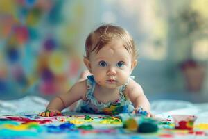 Baby creating  art with finger paints joyfully experimenting with s and textures background photo