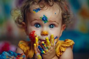 Baby creating ful art with finger paints on a playful background photo