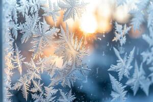 Frost crystals on a window with intricate patterns photo