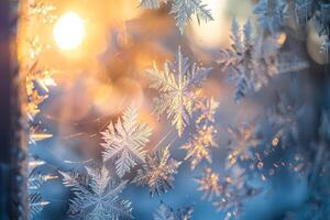 Frost crystals on a window with intricate and delicate patterns photo