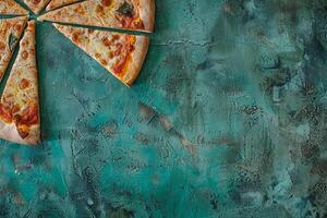 Pizza Slices Arranged Asymmetrically on Textured Teal Background photo
