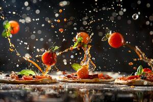 Pizza ingredients soaring with sauce splashes captured in action photo