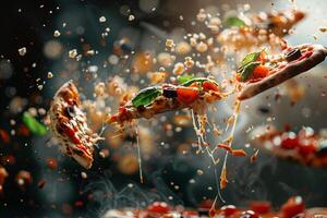 Pizza ingredients flying through the air with sauce splashes background photo
