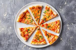 Pizza slices arranged in a circular pattern on a ceramic plate photo