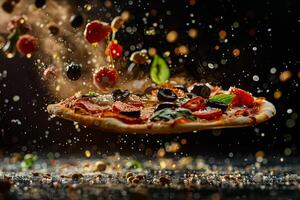 Pizza Ingredients in Mid Air with Olive Oil Splashes photo
