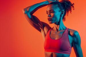 Woman in Coral Pink Activewear Running on Trail Background photo
