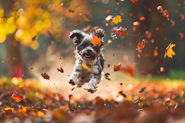 Dog Excitedly Jumping into a Pile of Autumn Leaves in a Scenic Park 48631756 Stock Photo at Vecteezy