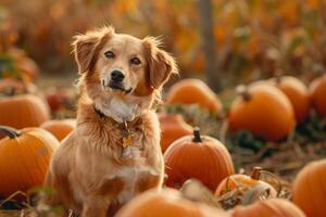 Dog Sitting Among Ripe Pumpkins in a Pumpkin Patch During Autumn Background photo