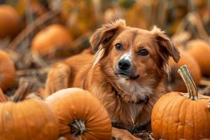 Dog Among Ripe Pumpkins in a Countryside Pumpkin Patch During Autumn Background photo
