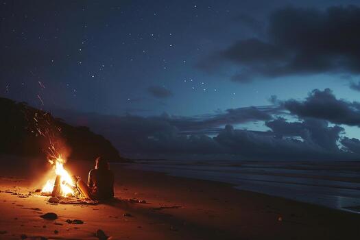 perro sentado por un chicharrón playa hoguera debajo un estrellado noche cielo para un acogedor y tranquilo foto