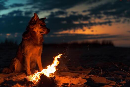 perro relajante por un playa hoguera debajo un estrellado noche cielo para un acogedor y pacífico noche foto