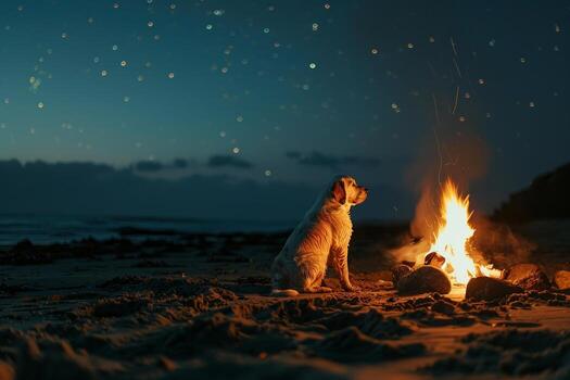 perro por un playa hoguera debajo un estrellado noche cielo foto