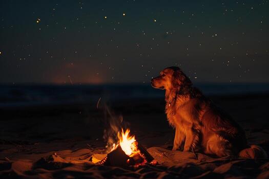 perro relajante por un playa hoguera con un estrellado noche cielo para un acogedor y pacífico noche foto