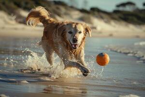 Dog Playing Fetch with a Ball on the Beach for a Fun and Energetic Day Outdoors photo