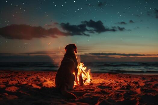 perro relajante por un chicharrón playa hoguera con un estrellado noche cielo para un acogedor y tranquilo foto