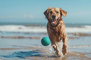 Dog Playing Fetch with a Ball on the Beach for a Fun and Energetic Day Outdoors photo
