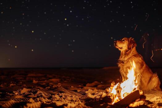 perro relajante por un playa hoguera debajo un estrellado noche cielo para un acogedor noche foto