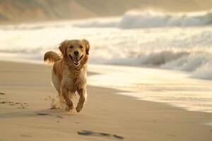 Playful Dog Fetching Ball on Sandy Beach with Waves in the Background photo