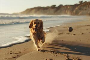 Dog Playing Fetch with a Ball on Sandy Beach with Gentle Waves photo