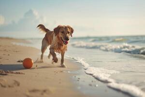 Dog Playing Fetch with a Ball on Sandy Beach with Gentle Waves photo