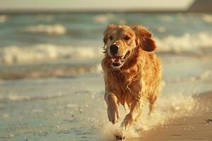 Dog Playing Fetch with a Ball on Sandy Beach with Gentle Waves photo