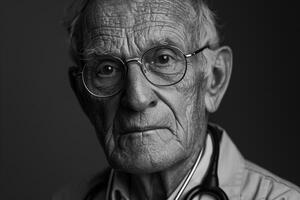 Elderly Doctor with Glasses and Stethoscope in a Classic Medical Office Background photo