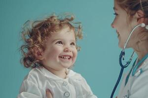 Pediatrician with Stethoscope and Happy Child in Medical  Background photo