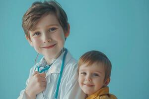 Pediatrician with Stethoscope and Content Child in  Medical Background photo