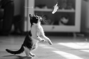 and White Cat Twisting to Catch Feather Teaser in a Dynamic Indoor photo