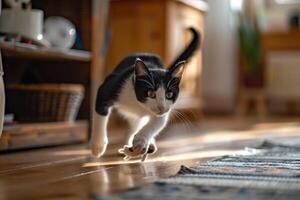 and White Cat Chasing Toy Mouse Under Furniture in a Lively Indoor photo