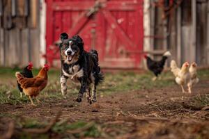 Playful Dog Chasing Chickens in Rustic Farmyard with Red Barn  Background photo
