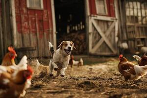 Dog Chasing Chickens in Farmyard with Red Barn and Rustic  Background photo