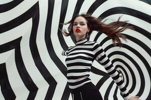 Model in Avant Garde Outfit with  and White Stripes Background photo