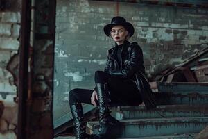 Model in High Fashion Ensemble with Industrial Urban Background photo