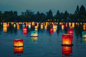 Spectacular Lantern Festival with Lanterns Drifting on a Serene Lake Under a Starry Sky Background photo
